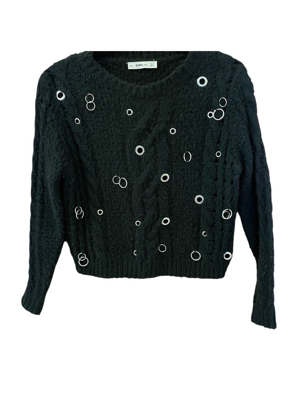 Zara Chunky Knit Cropped Sweater, Size S, Black, Silver Circle Hardware …